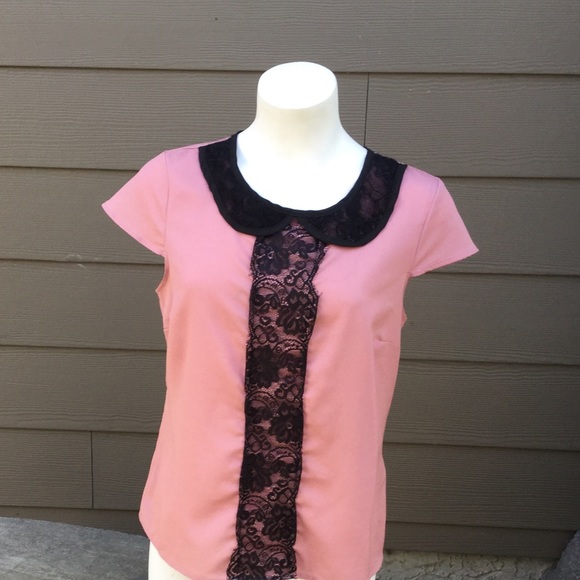 Lily White Pink Blouse with Black Lace - Picture 3 of 10